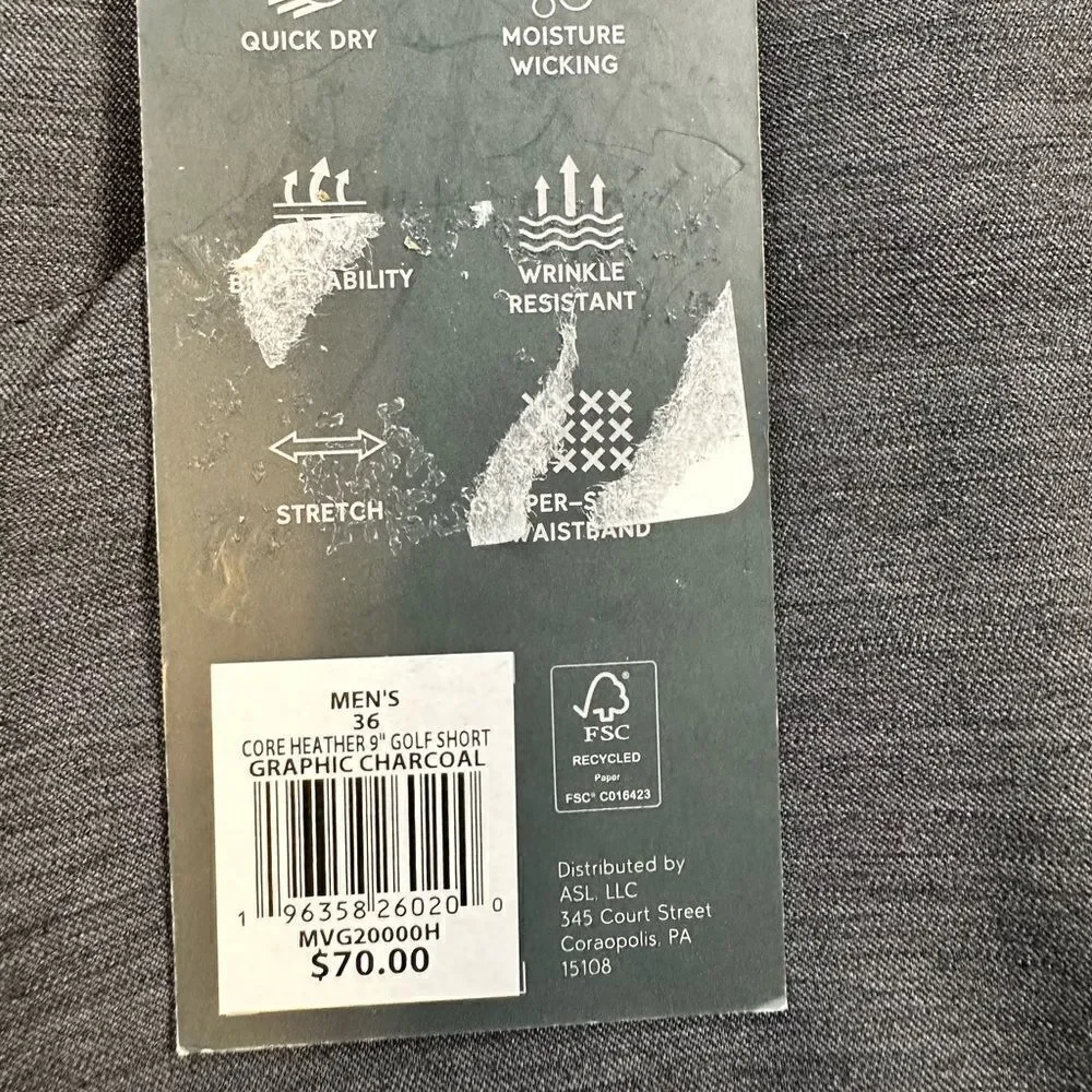 NWT VRST Men’s Core 9” Golf Short - Charcoal - Size 36